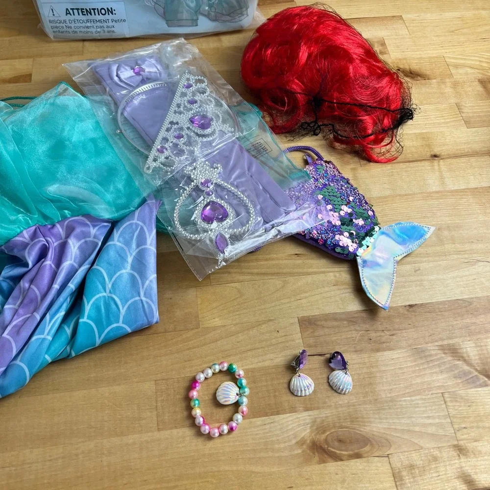 Mermaid Costume Girls Size 3T 3-4 Years Princess Dress Wig Accessories Halloween